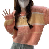 Celebrity Sweater Woman 2024 Spring And Autumn Collision Color Stripe Design Feeling Lazy, Loose, Thin And Gentle Pullover Girl-Outfit