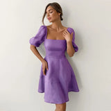 Women's New Temperament Square Collar Short Sleeve High Waist Thin Dress