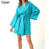 Summer Wrap Dress Chic Casual Holiday Cotton Linen Elegant Robe V-Neck Sashes Lace Up Thin Loose Dresses For Women