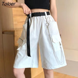 Harajuku Chain Cargo Shorts Women 2023 Summer Big Pockets Wide Leg Shorts Woman Black High Waist Streetwear Shorts