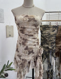 Shot Tie Net Yarn Printing Irregular Ribbon Three-Dimensional Flowers Small Man With Chest Short Skirt Dress Dress
