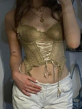 Y2K Lace Bandage Corset Top Patchwork See Through Floral Crop Top Backless Sexy Mini Vest Women Party Beach Tee