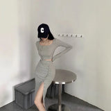 New Suit Hottie Exposed Umbilled Long-Sleeved Top + High Waist Open Half-Body Bag Skirt Two