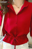 Women Solid Turn-down Collar Half Sleeve Chiffon Shirt Fashion Casual Shirring Single-breasted Blouses Female 703-1-Outfit