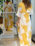 Print Maxi Dress Half Sleeve V Neck Elegant Long Dress Fashion Loose Hem A Line Party Dresses Yellow Print-Outfit