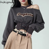 Women Streetwear Fashion Tops Korean Clothes for Teens Long Sleeve Off Shoulder Bandage Pullovers Goth Y2k Sweatshirt-Outfit