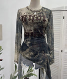 Real Shooting Babes Long Sleeves And Jersey Net Yarn Dye Printing Irregular Lotus Leaf Edge Ribbon Folding Top