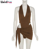 Puss Sexy Hollow Out Summer Women 2 Piece Set Halter Bodysuit+Bandage Mini Skirt Vacation Party Fashion Clubwear
