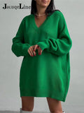 Autumn Winter 2021 Y2K Sexy Knitted Women's Dress Sweater Oversize Long Sleeve V Neck Casual Top Mini Party