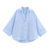 Spring And Summer New Women's Fashion Casual Collar Striped Wide-Sleeved