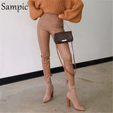 2021 Autumn Design Slit Women Khaki Skinny Leather Pants Ladies High Waisted Slim PU Zip Up Winter Pencil