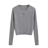 colors Women Cable Twist Knitted Cardigan Round Collar Center Buttons Sweater Full Sleeve Short Jumper Gray-Outfit