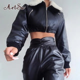 Long Sleeve Zip Up Solid Fur Ruched Pu Leather Jacket Autumn Winter Women Fashion Streetwear Casual Outfits