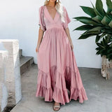 Maxi Dresses For Women Summer 2022 Loose Flounced Edge V Neck Solid Color High Waist Bohemian Beach Long