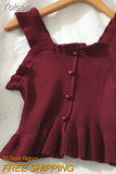 2023 Y2K Buttons Cute Women Cropped T-shirt New Streetwear Stripe Sexy Summer OFF White Ruffles Sleeveless