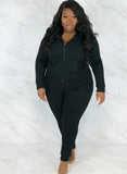 Plus Size Sportwear Zipper Backside Print Long Sleeve Hoodies And Pant 2 Piece