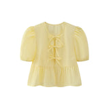 Women's Elegant Kawaii Summer Peplum Blouse Tops Short Puff Sleeve Round Neck Bow Tie-Up Front Babydoll Flare Shirts-Outfit