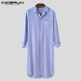 Men Robes Striped Leisure Lapel Long Sleeve Button Comfortable Homewear Nightgown Mens Bathrobes Sleepwear S-5XL