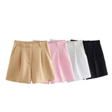 Solid Color High-Waist Pleated Casual Fashion Shorts In Summer-Outfit