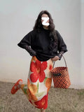 Folded Large Flower Print Half Skirt Summer Skirt Long Design Sense Niche High-Waist Print Half-Body