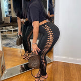 Side Hollow Out Bandage Sexy Leggings Women Streetwear High Waisted Stretch Pants Black White Tights