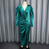 V-Neck Bubble Sleeve Dress Button Folds Waist Open Fork Party Dress