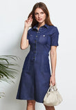 Turn-down Collar Short Sleeves Solid Button Midi A-line Casual