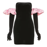 Fashion Strapless Tube Mini Dress Women 2021 Fall Winter Solid High Waist Slim Puff Sleeves Elegant With Gloves Party