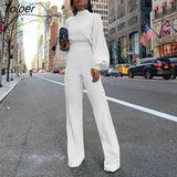 Jumpsuit 2022 Women Long Sleeve Long Pant White Ladies Romper Suit Elegant Half Turtleneck Wide Leg Trouser Fall