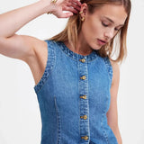 Summer New Sleeveless Slimming Denim Vest Women's Round Neck Shoulder