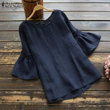 ZANZEA Vintage Ruffle Sleeve Tops Summer Women's Blouse Casual Linen Tunic Female O Neck Blusas Mujer