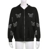 Black Y2K Autumn Hoodies Women Butterfly Diamond Zip Up Korean Sweatshirt Winter Jacket Long Sleeve Hood Pullovers