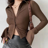 Polo Collared Horn Sleeve Shirt Slim Slim Elastic Long-Sleeved