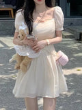Lace Elegant Dress Women Chiffon Ruched Sweet Party Mini Dress Female Korean Fashion Puff Sleeve Slim Holiday Dress