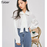 Women Shirts 2022 Autumn Long Lantern Sleeve Stand Collar Loose Blouse Solid White Elegant Vintage