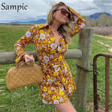 Y2K Fashion Wrap Floral Print Summer Casual Beach Sexy Mini Dress Women Chic Green Pink Long Sleeve Blouse Dress