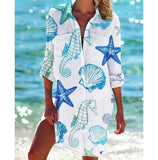 Women Printed Blouse Long Top Tunics Cardigan Half Sleeved Loose Beach Wear Swimwear Ladies Dresses Shirts Button 2023-Outfit