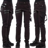 Women Solid Long Pants Pockets Zipper Slim Fit Casual Regular Button Mid Waist Splice Rivet Straight Trousers Autumn 2023-Outfit