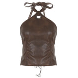 Retro Brown Leather Ring Decoration Hanging Neck Vest Sexy Back Strap Strap Short