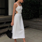 White Midi Backless Dress Women Hollow Out 2021 Summer Bandage Sexy Beach Spaghetti Strap Black Casual Dresses