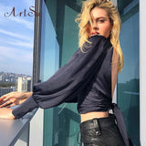 Women Sexy Lace Up Bow Satin Blouse Turtleneck Shirt Backless Blouses Blusas Women Puff Sleeve Crop Top Spring