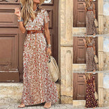 Boho Long Dress Women Beach Floral Print Belted Maxi Dress Casual V-Neck Party Holiday Sundress Ladies Dress Plus Size