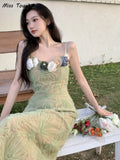 Flower Sexy Dress Elegant Party Midi Dresses Female Holiday Designer Chic Korean Fashion Casual Strap Dress Summer
