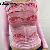 Eyes Print Crop Top Long Sleeve T Shirt Vintage Long Sleeve Basic Slim Pullovers Women Autumn Harajuku Tee