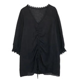 Solid Color Loose T-shirt Petal Sleeve Spring Summer New Women's Clothing All-match Lace Spliced Elegant V-Neck Pullovers-Outfit