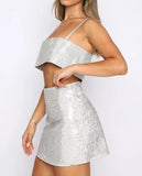 Sexy Strap High Waist Solid Sequined MiniTwo Piece Skirt