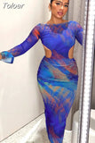 Blue Print Bodycon Dress with Sheer Mesh Sleeves Party Club Cut Out Backless Sexy Long Dresses for Women 2023