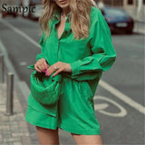 Long Sleeve Casual Women Tracksuit Shorts Set 2021 Loose Oversized Lounge Wear Shirt Tops And Mini Shorts Two Piece