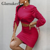 Two piece suits Long sleeve with shirring top and pleated short elegant skirts Women spring summer party club sets