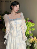 Floral Sexy Dress Women Elegant Party Midi Dress Casual High Waist Puff Sleeve Korean Fashion Holiday Female Dress